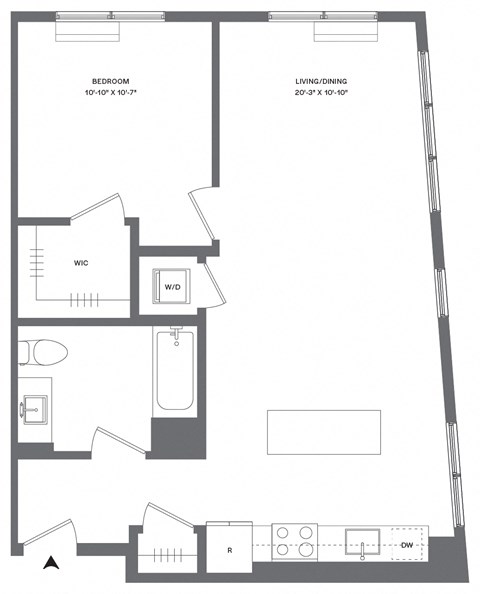 Floor plan for 1 bed, 1 bath, 738 sqft
